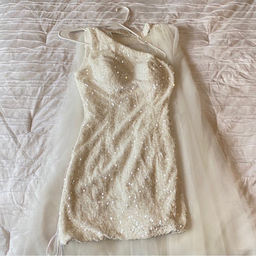 White sequined lace back one shoulder mini dress